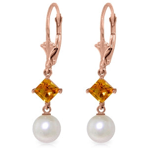 14K Solid Rose Gold Leverback Earrings Citrine & Pearl Jewelry