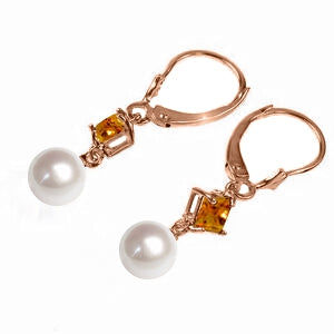 14K Solid Rose Gold Leverback Earrings Citrine & Pearl Jewelry