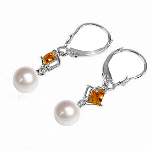 5 Carat 14K Solid White Gold Compelling Citrine Pearl Earrings