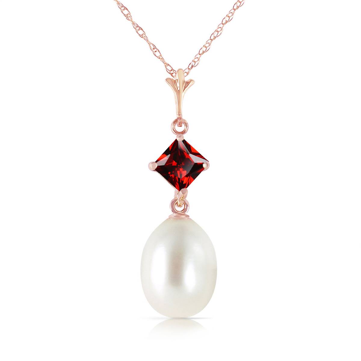 14K Solid Rose Gold Necklace w/ Natural Garnet & Pearl