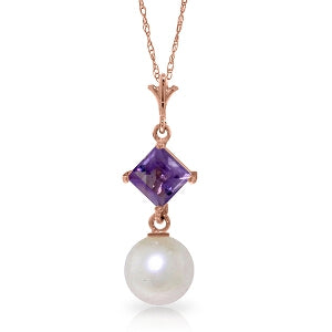 14K Solid Rose Gold Necklace w/ Natural Amethyst & Pearl