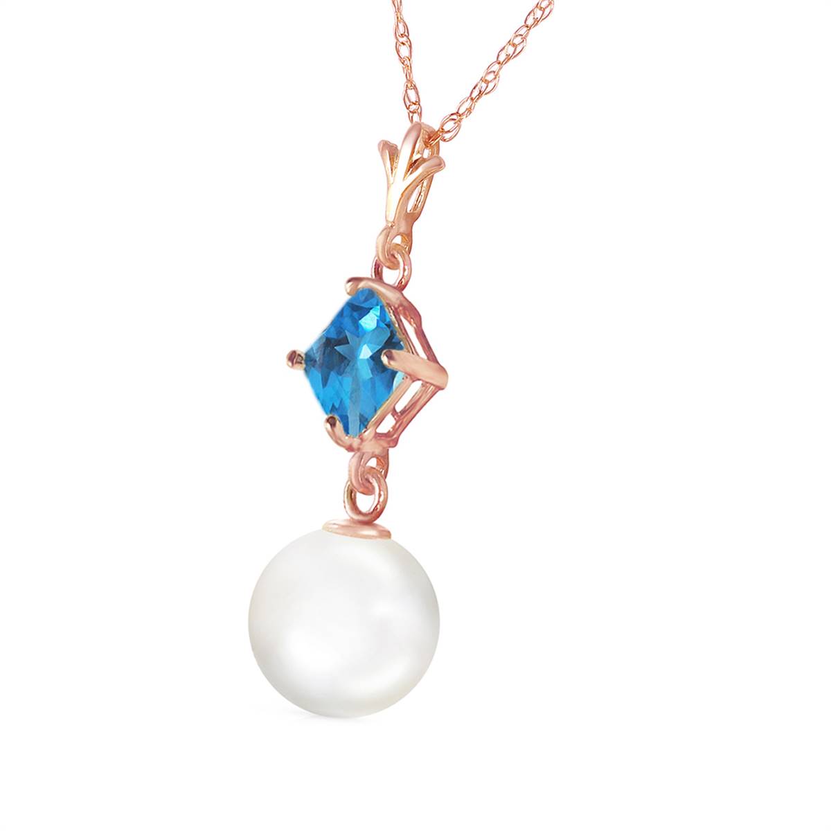 14K Solid Rose Gold Natural Blue Topaz & Pearl Necklace Jewelry