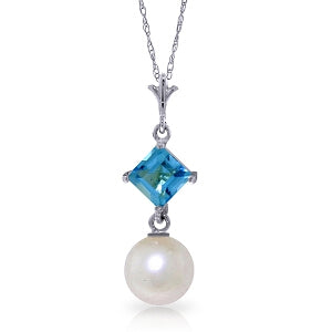 2.5 Carat 14K Solid White Gold Eureka Blue Topaz Pearl Necklace