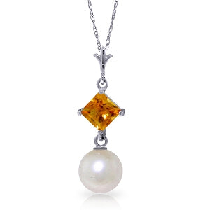 2.5 Carat 14K Solid White Gold Glitters Citrine Pearl Necklace