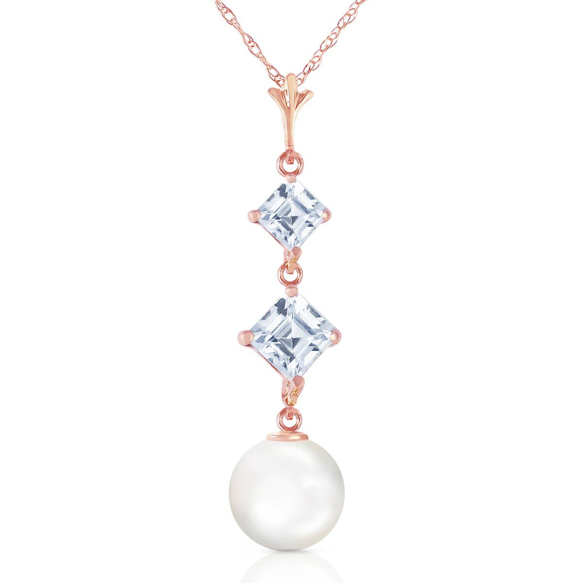 14K Solid Rose Gold Natural Aquamarines & Pearl Necklace