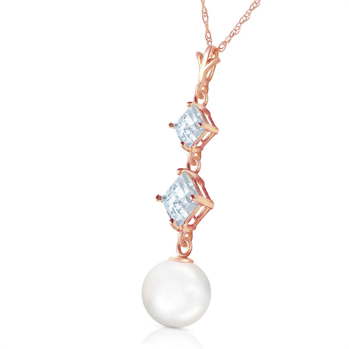 14K Solid Rose Gold Natural Aquamarines & Pearl Necklace