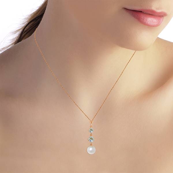 14K Solid Rose Gold Natural Aquamarines & Pearl Necklace