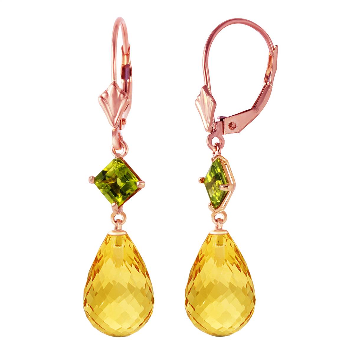 14K Solid Rose Gold Leverback Earrings Peridot & Citrine Certified