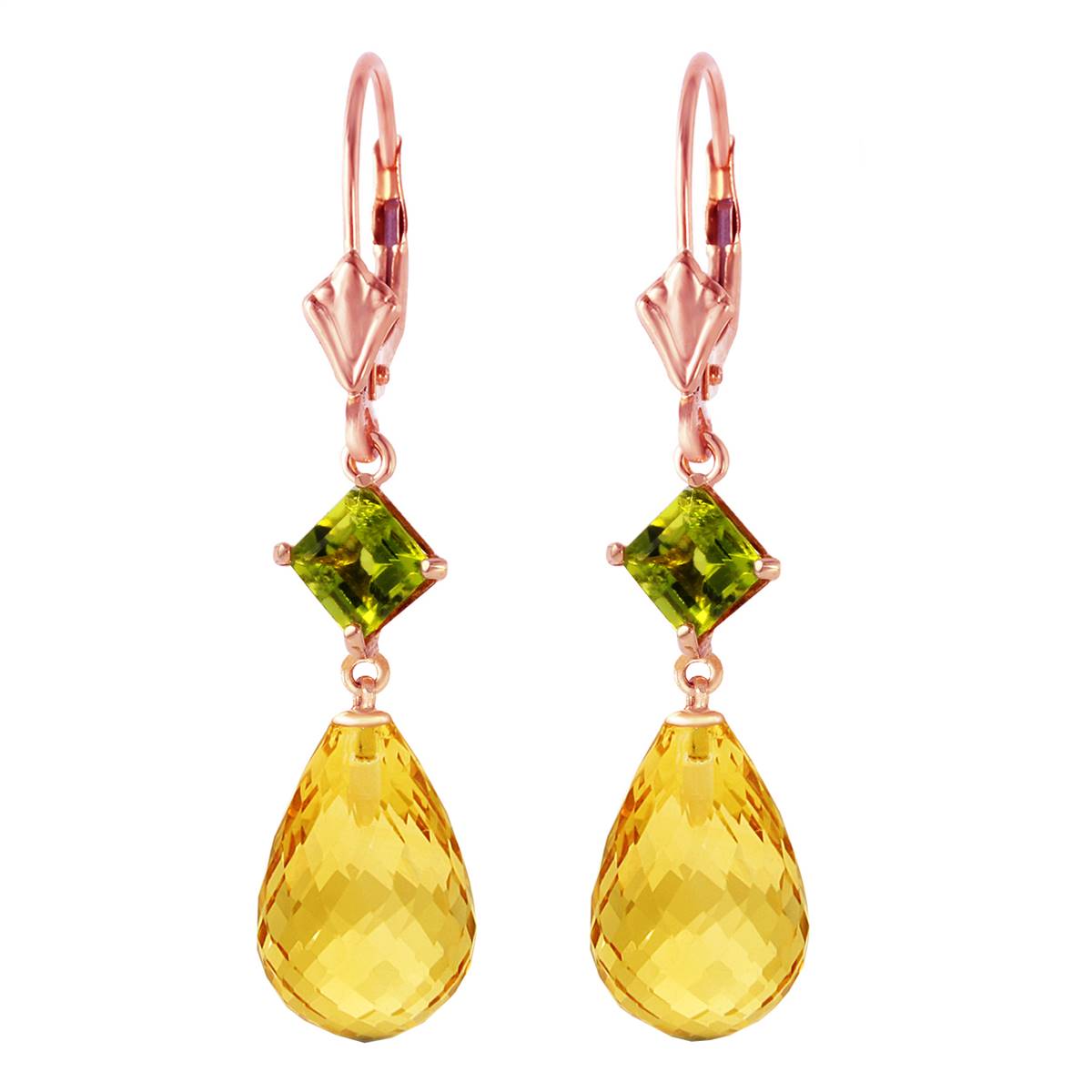 14K Solid Rose Gold Leverback Earrings Peridot & Citrine Certified