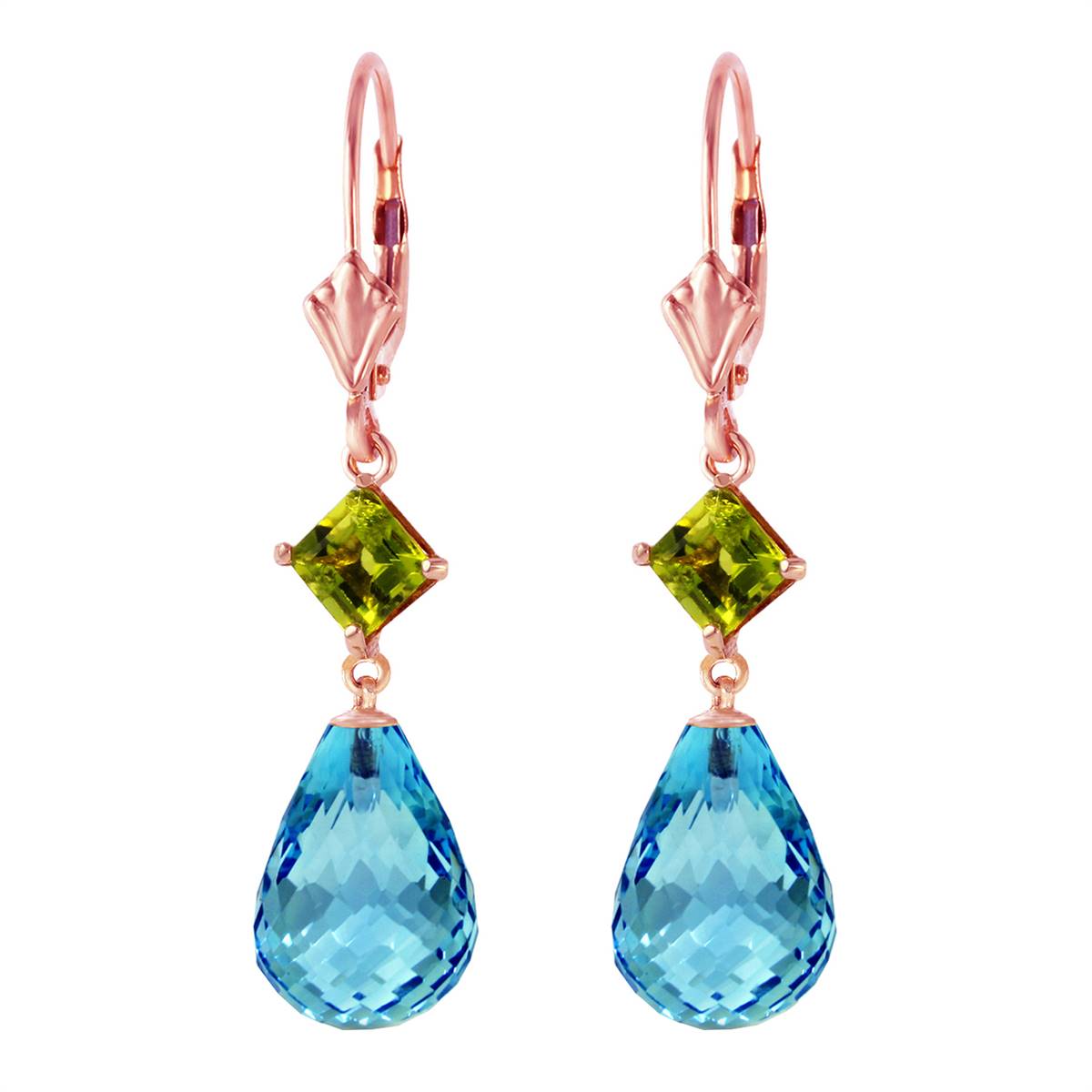 14K Solid Rose Gold Leverback Earrings Peridot & Blue Topaz Gemstone