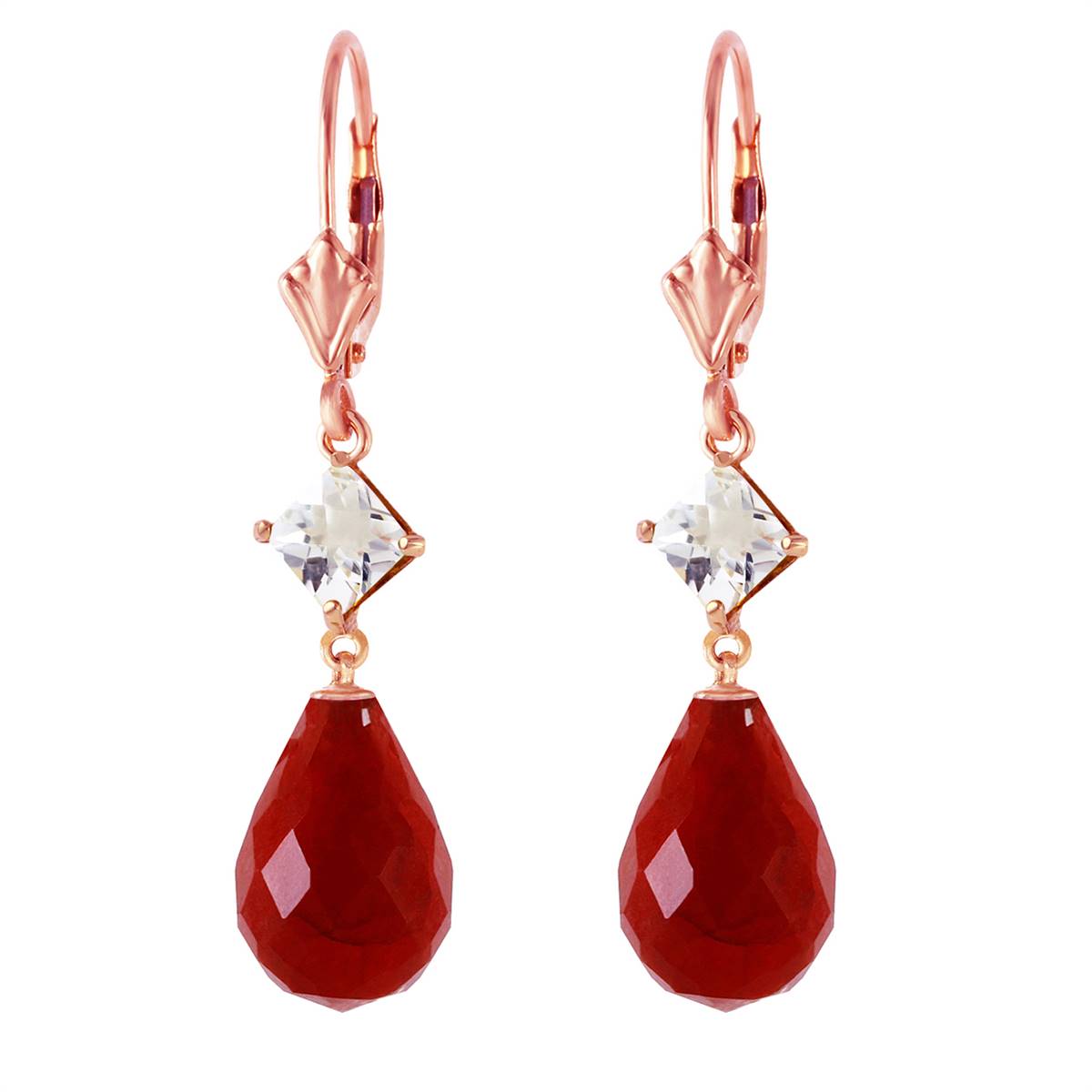 14K Solid Rose Gold Leverback Earrings w/ Rose Topaz & Rubies