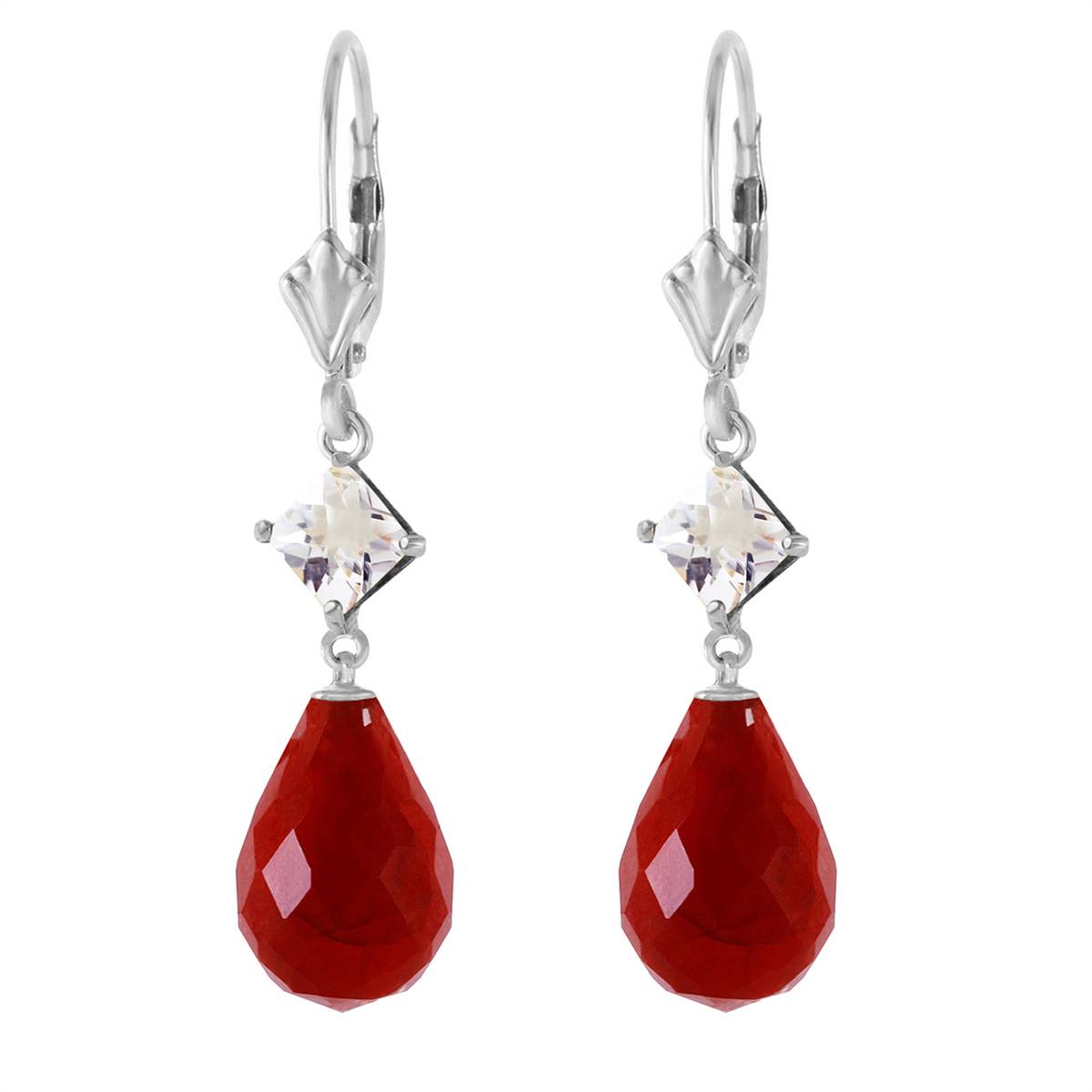 18.6 Carat 14K Solid White Gold Leverback Earrings White Topaz Ruby