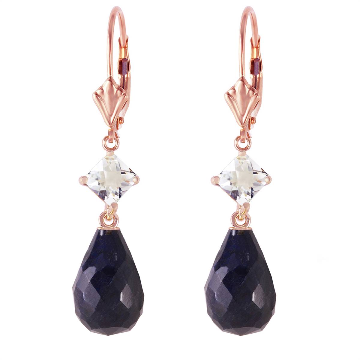 14K Solid Rose Gold Leverback Earrings w/ Rose Topaz & Sapphires