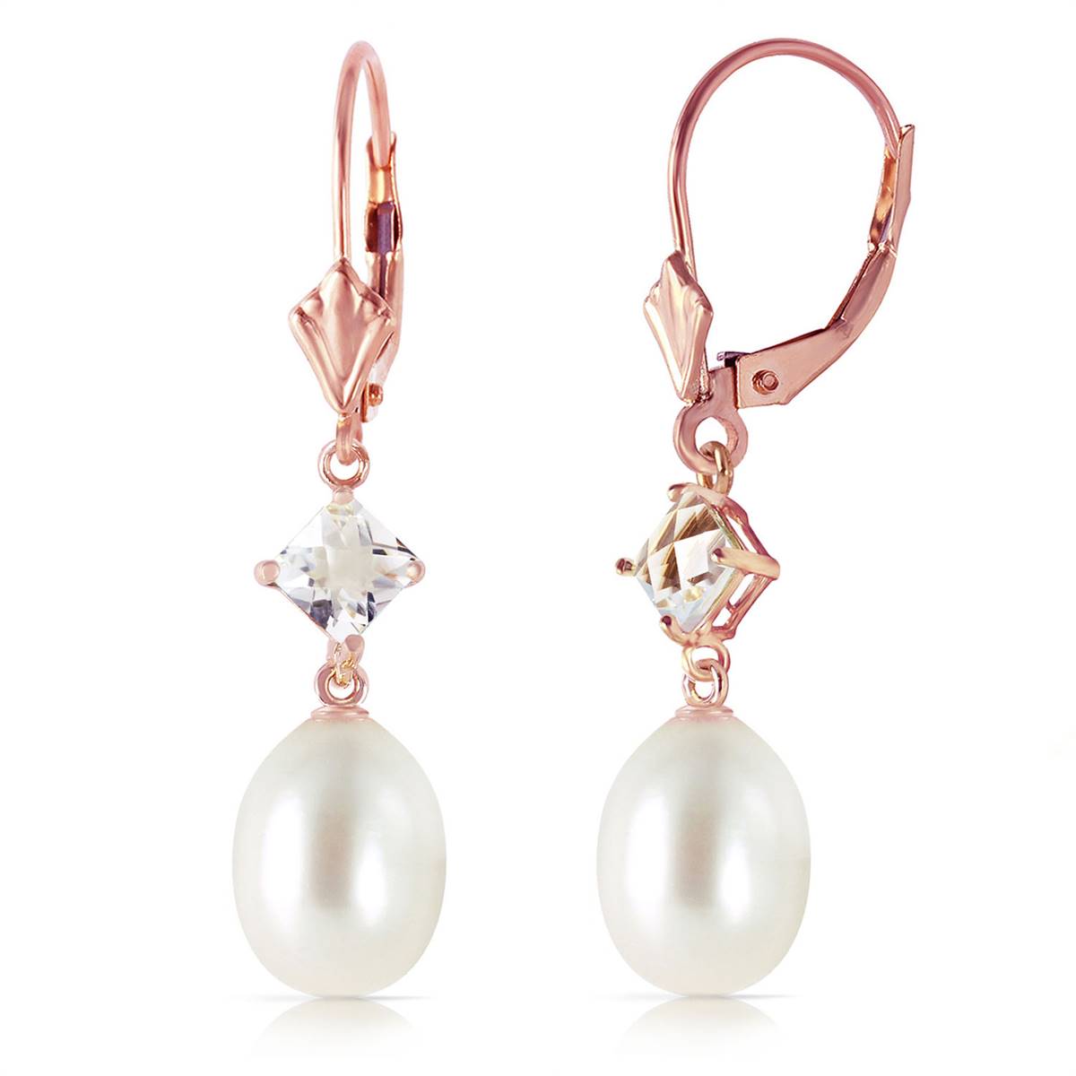 14K Solid Rose Gold Leverback Earrings w/ Rose Topaz & Pearls