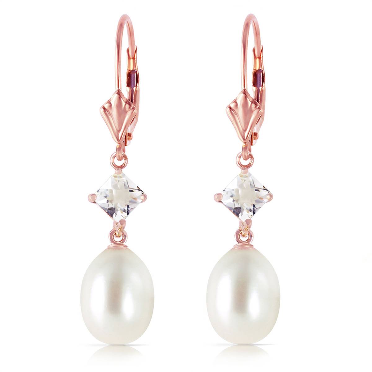 14K Solid Rose Gold Leverback Earrings w/ Rose Topaz & Pearls