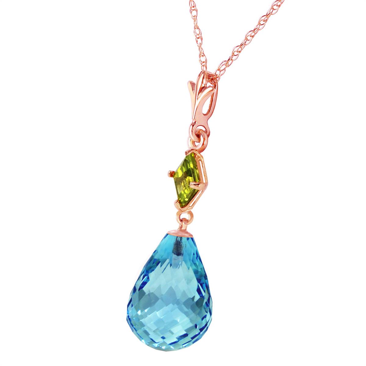 14K Solid Rose Gold Necklace w/ Peridot & Blue Topaz