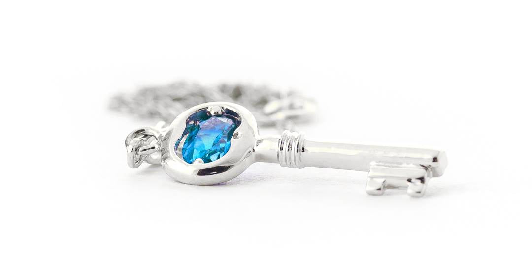 0.5 Carat 14K Solid White Gold Key Charm Necklace Blue Topaz