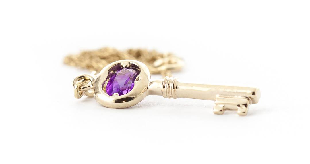 0.5 Carat 14K Solid Yellow Gold Key Charm Necklace Purple Amethyst