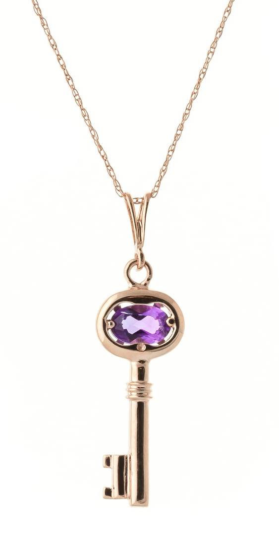 14K Solid Rose Gold Key Charm Necklace w/ Purple Amethyst