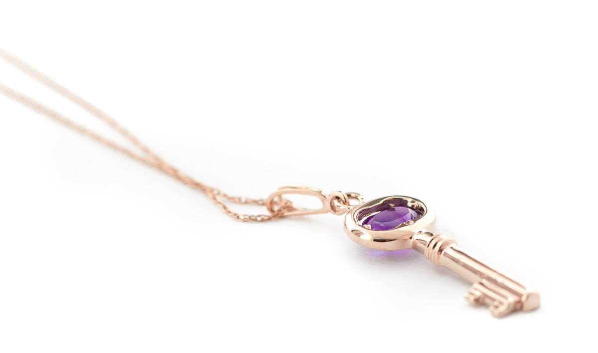 14K Solid Rose Gold Key Charm Necklace w/ Purple Amethyst