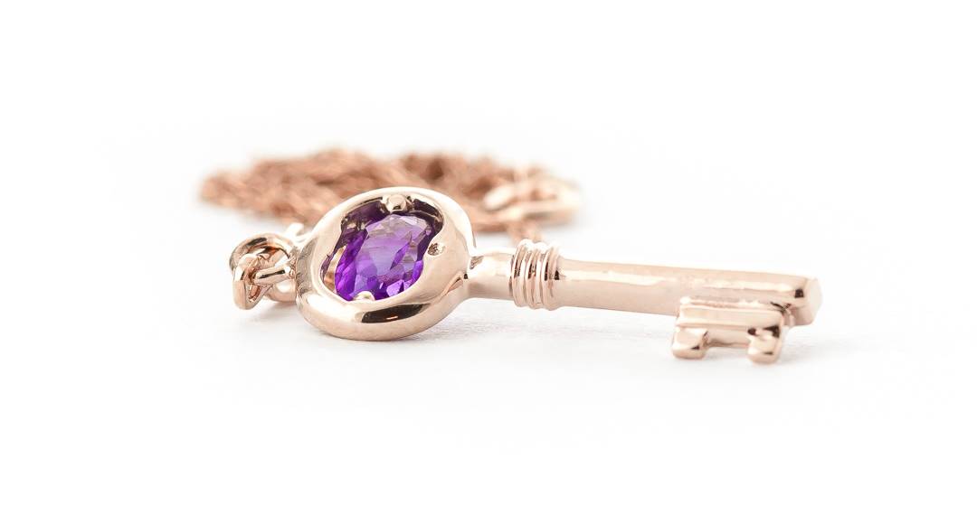 14K Solid Rose Gold Key Charm Necklace w/ Purple Amethyst