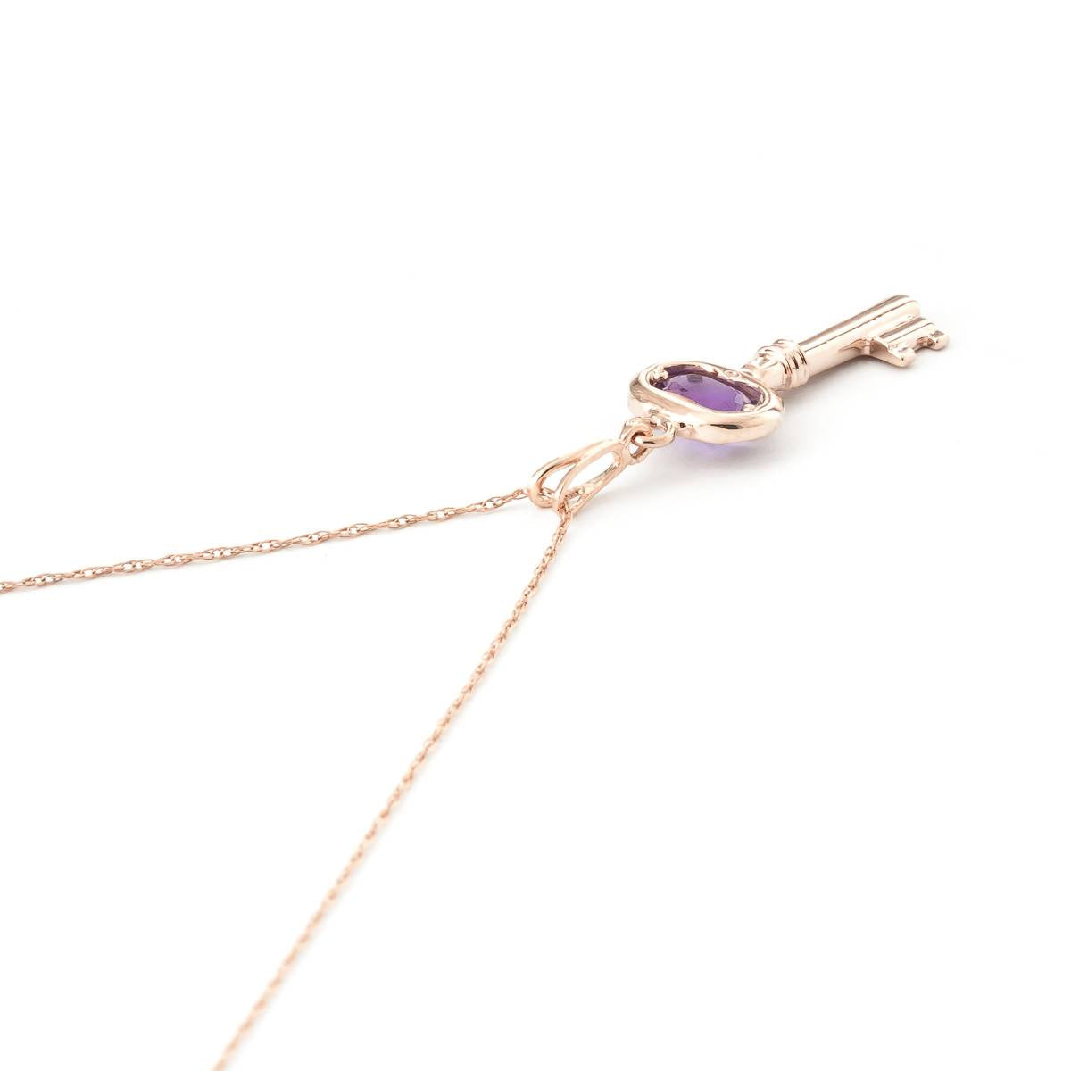 14K Solid Rose Gold Key Charm Necklace w/ Purple Amethyst