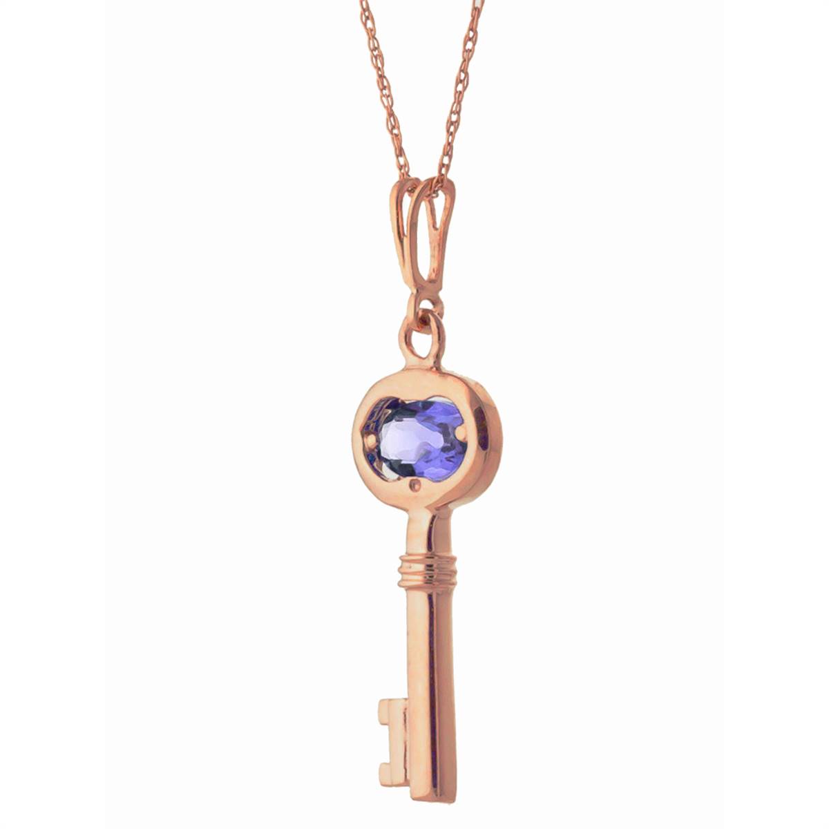 14K Solid Rose Gold Key Charm Necklace w/ Tanzanite