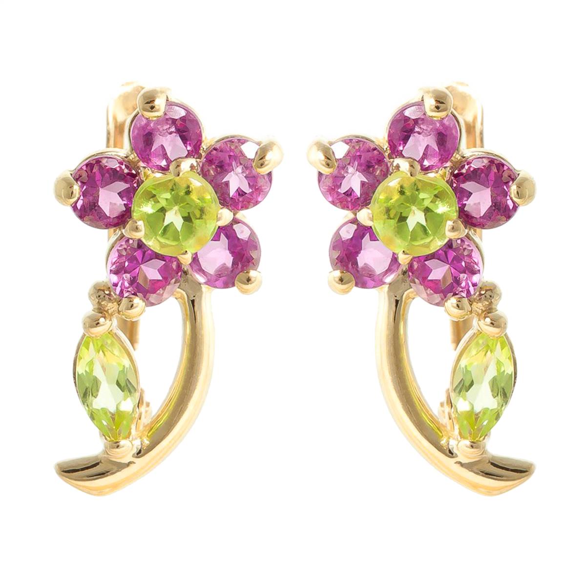 1.72 Carat 14K Solid Yellow Gold Flora Amethyst Peridot Clip Earrings