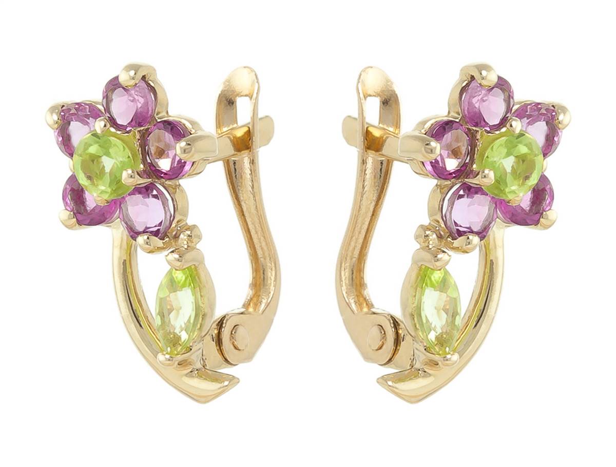 1.72 Carat 14K Solid Yellow Gold Flora Amethyst Peridot Clip Earrings