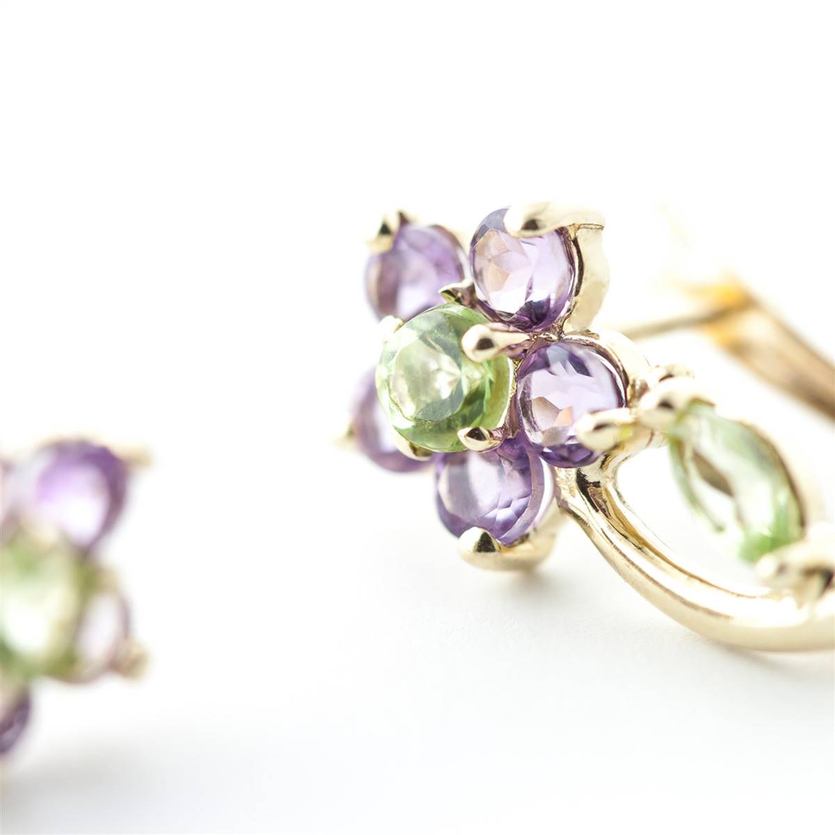 1.72 Carat 14K Solid Yellow Gold Flora Amethyst Peridot Clip Earrings