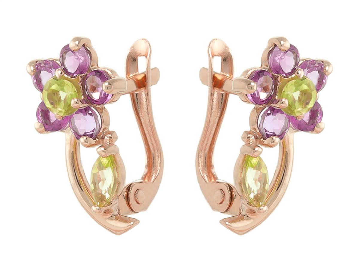 14K Solid Rose Gold Flowers Stud Earrings w/ Amethyst & Peridot