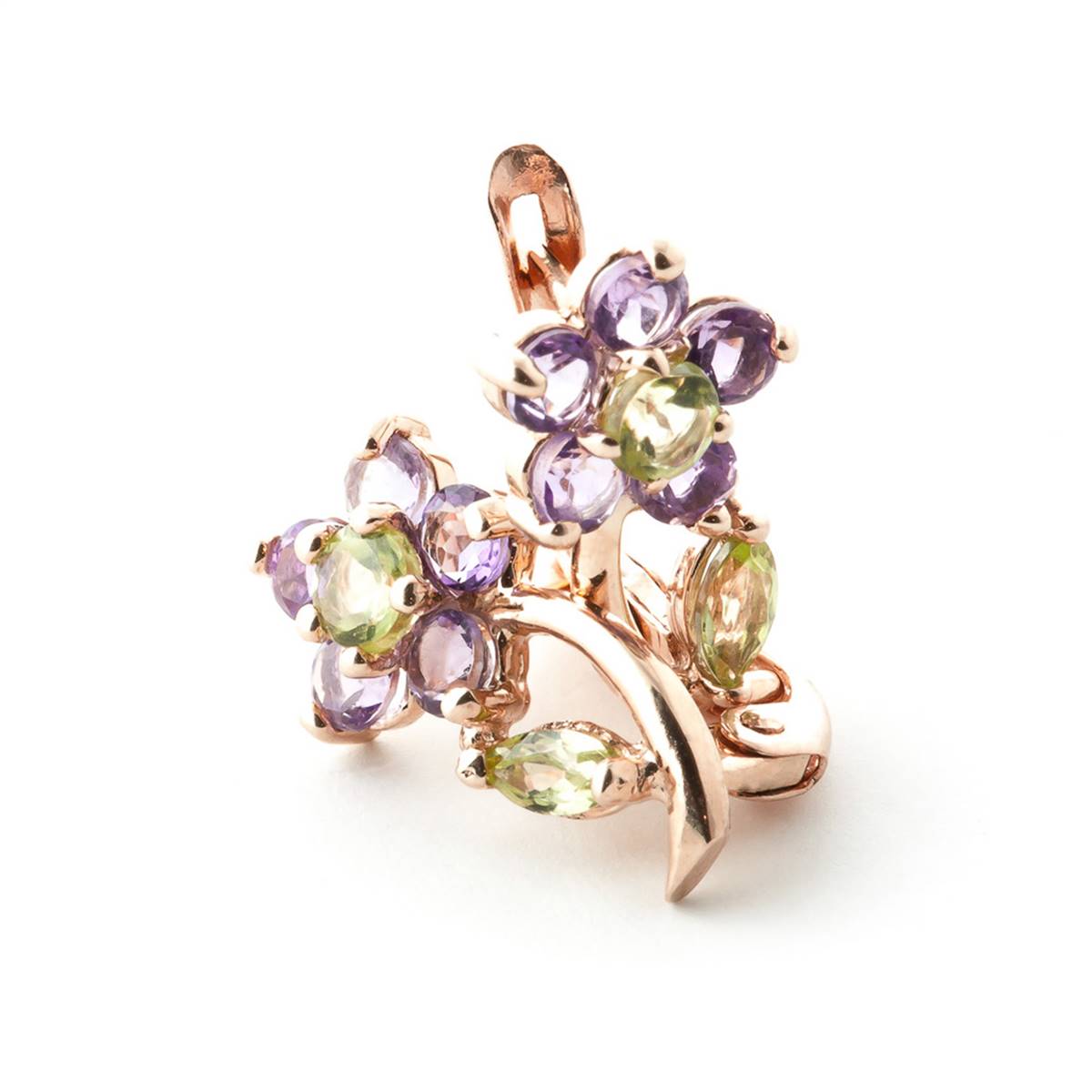 14K Solid Rose Gold Flowers Stud Earrings w/ Amethyst & Peridot