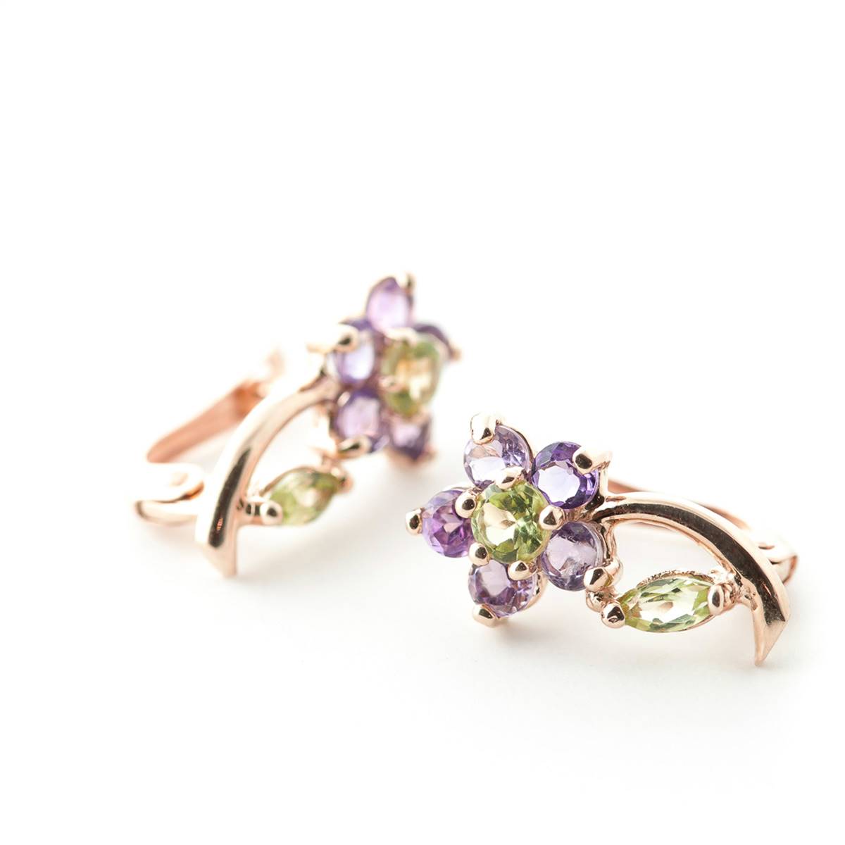 14K Solid Rose Gold Flowers Stud Earrings w/ Amethyst & Peridot