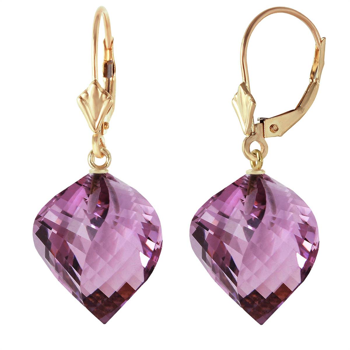 21.5 Carat 14K Solid Yellow Gold Leverback Earrings Twisted Briolette Amethyst