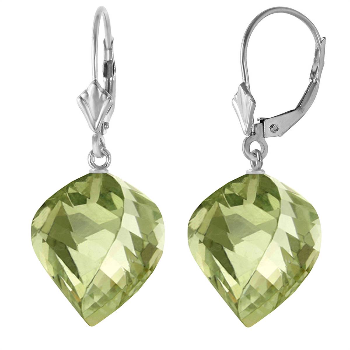 26 Carat 14K Solid White Gold Leverback Earrings Briolette Green Amethyst