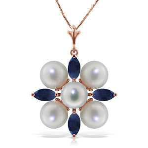 6.3 Carat 14K Solid Rose Gold Snowflake Pearl Sapphire Necklace