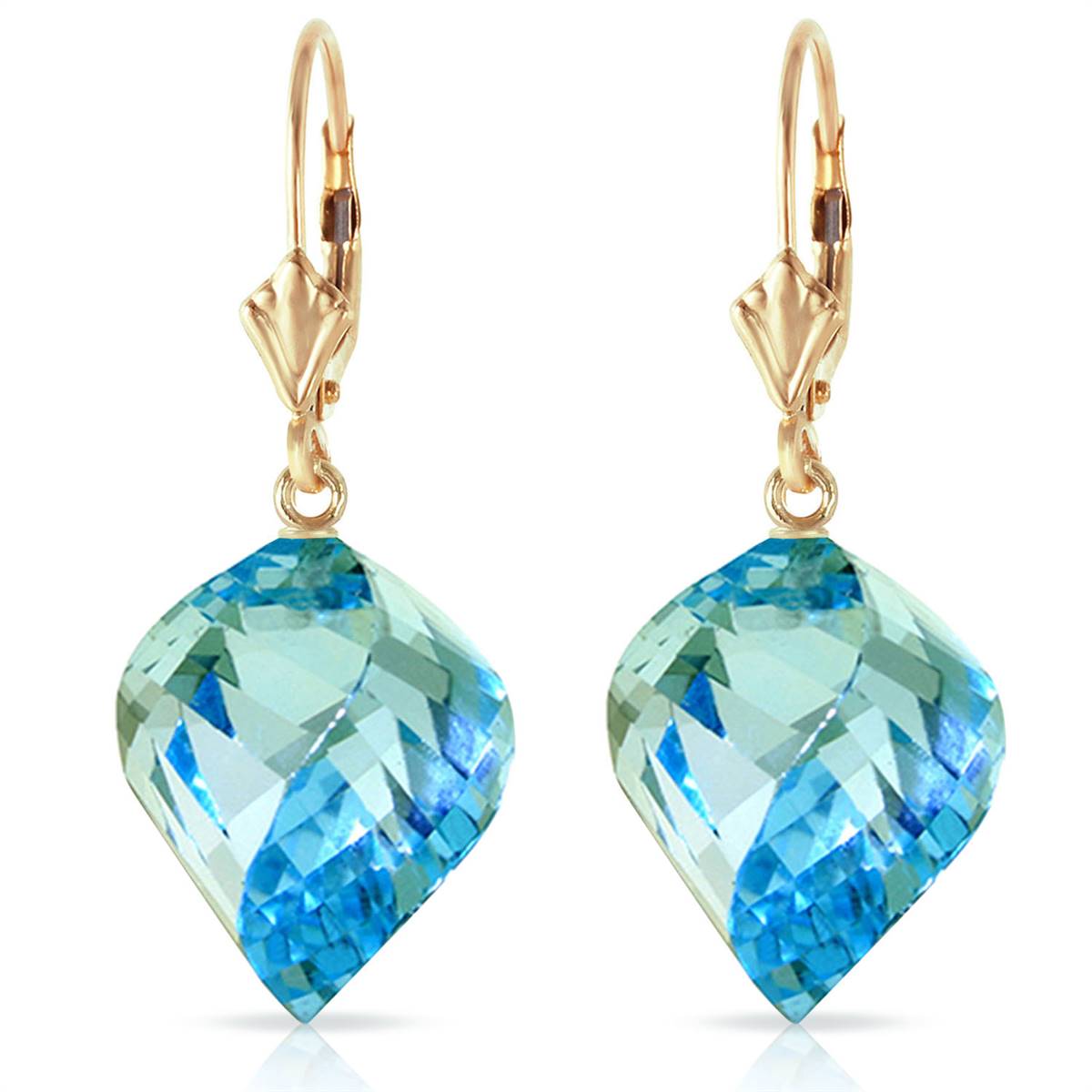 27.85 Carat 14K Solid Yellow Gold Leverback Earrings Twisted Briolette Blue Topaz