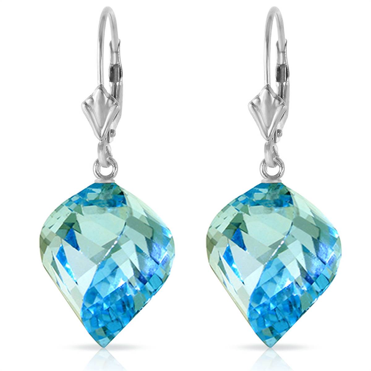 27.85 Carat 14K Solid White Gold Leverback Earrings Twisted Briolette Blue Topaz