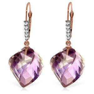 21.65 Carat 14K Solid Rose Gold Leverback Earrings Diamond Briolette Amethyst