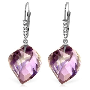 21.65 Carat 14K Solid White Gold Leverback Earrings Diamond Briolette Amethyst