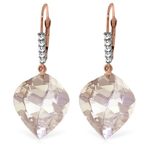 25.75 Carat 14K Solid Rose Gold Leverback Earrings Diamond Briolette White Topaz