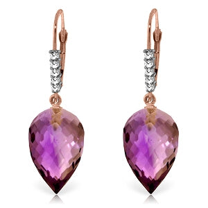 19.15 Carat 14K Solid Rose Gold Drop Briolette Amethyst Diamond Earrings