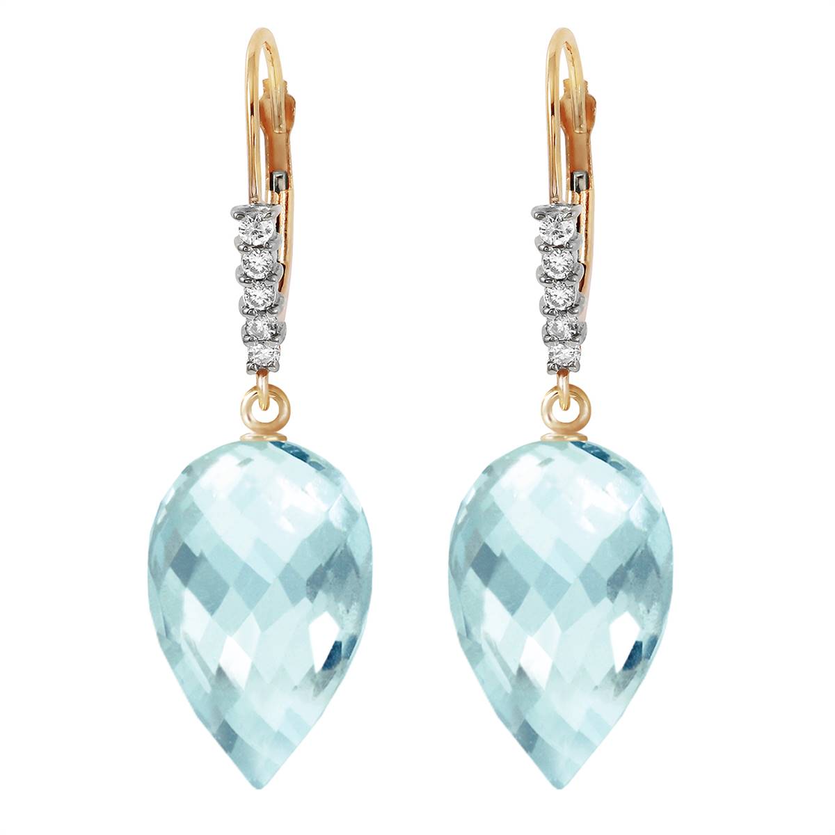 22.65 Carat 14K Solid Yellow Gold Drop Briolette Blue Topaz Diamond Earrings