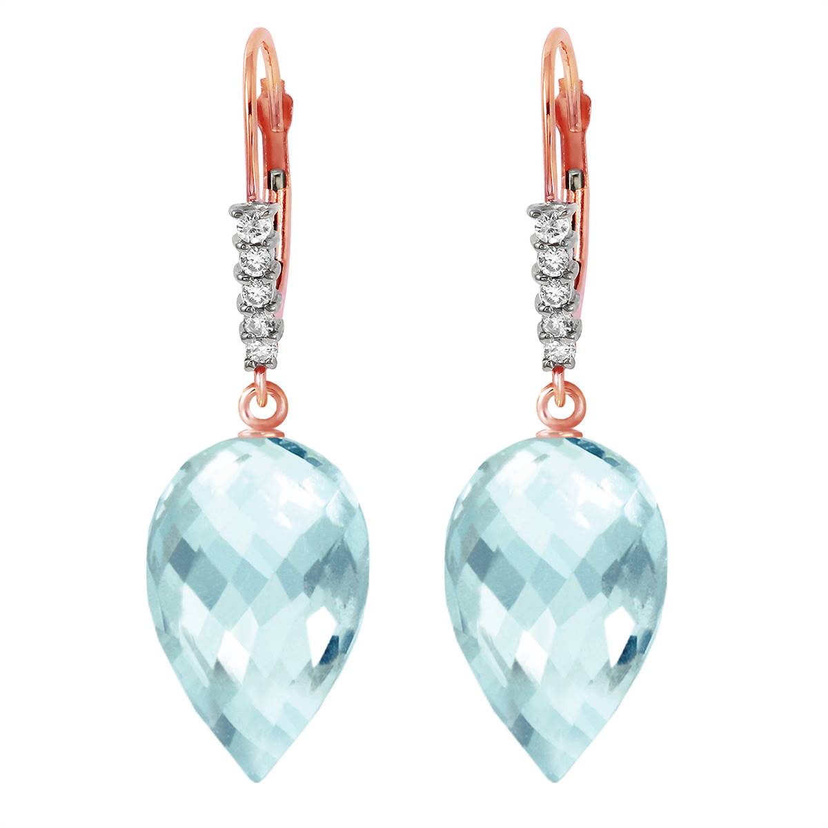 22.65 Carat 14K Solid Rose Gold Drop Briolette Blue Topaz Diamond Earrings