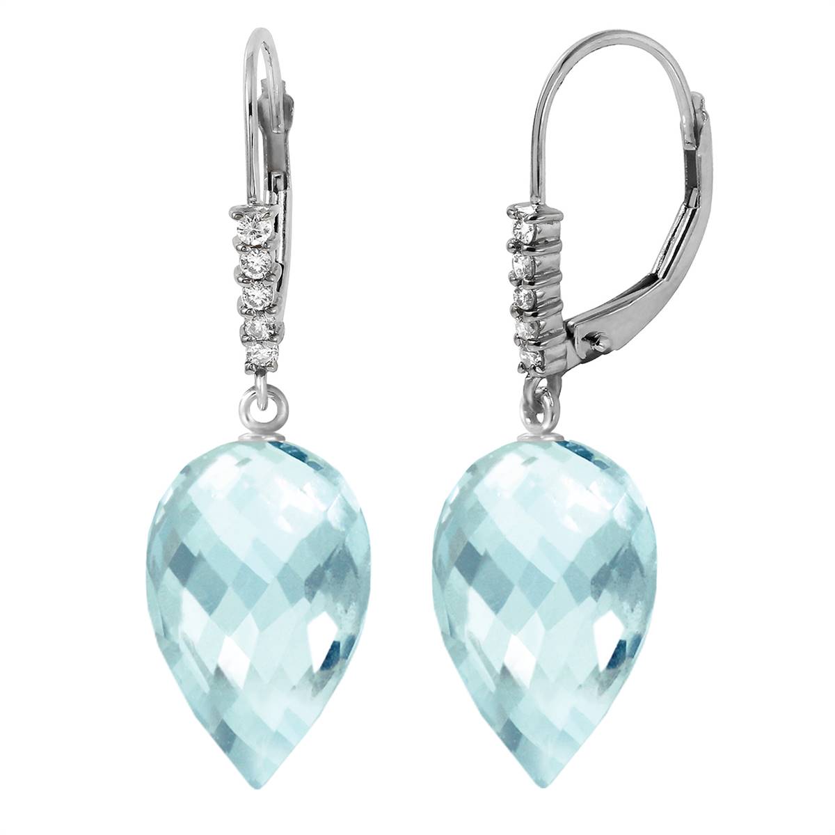 22.65 Carat 14K Solid White Gold Drop Briolette Blue Topaz Diamond Earrings