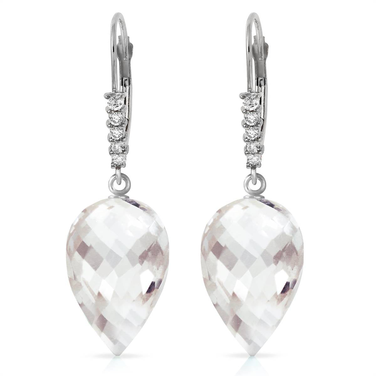 24.65 Carat 14K Solid White Gold Drop Briolette White Topaz Diamond Earrings