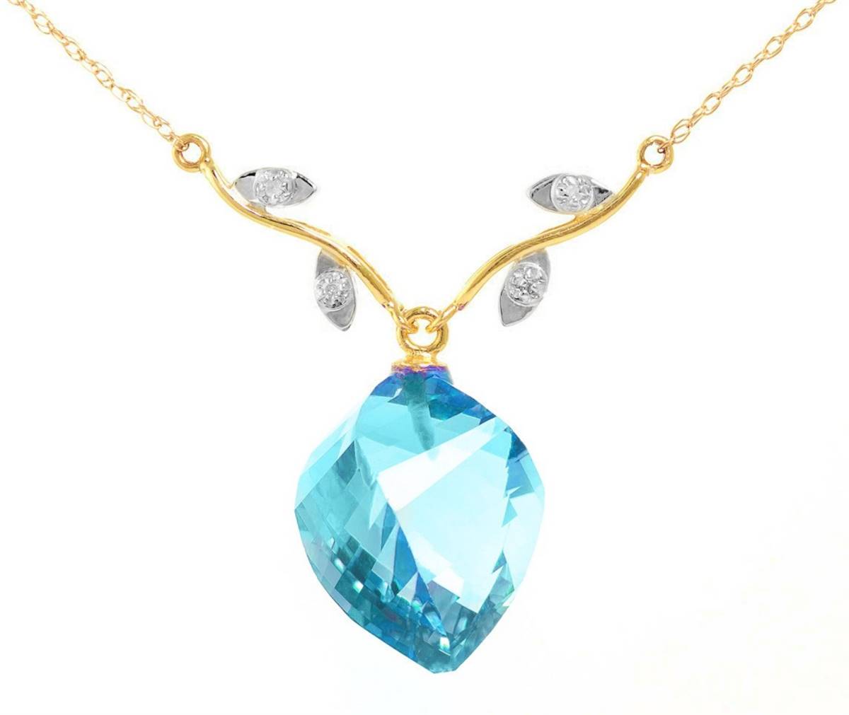 13.92 Carat 14K Solid Yellow Gold Carribean Sea Blue Topaz Diamond Necklace