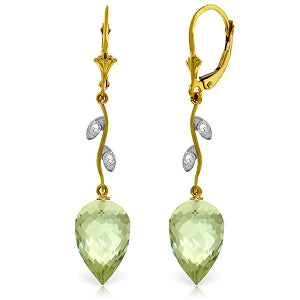 19.02 Carat 14K Solid Yellow Gold Diamond Drop Green Amethyst Earrings