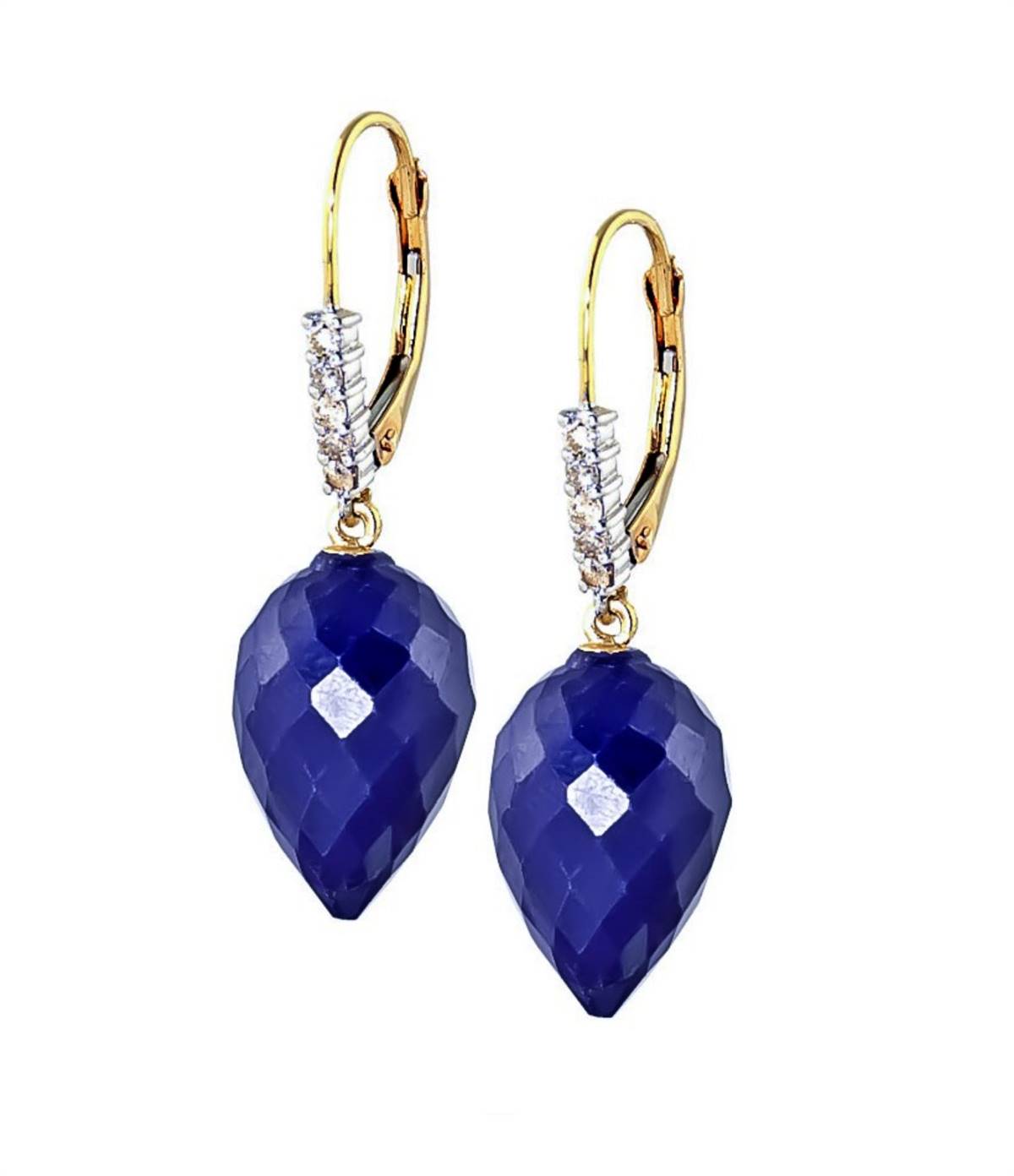 25.95 Carat 14K Solid Yellow Gold Drop Briolette Sapphire Diamond Earrings