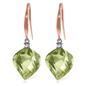 26.1 Carat 14K Solid Rose Gold Fish Hook Earrings Diamond Green Amethyst